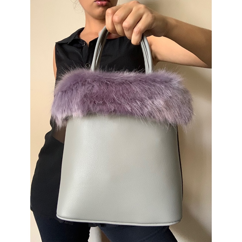 Vegan Leather/ Faux Fur Top Handle Handbag - Grey - Picture 3 of 7